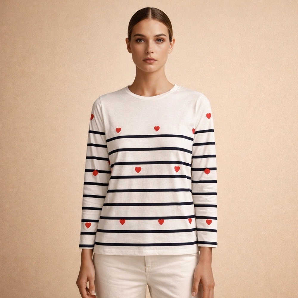 Women's Striped Heart Top - White and Navy White Navy Breton Style Size Large